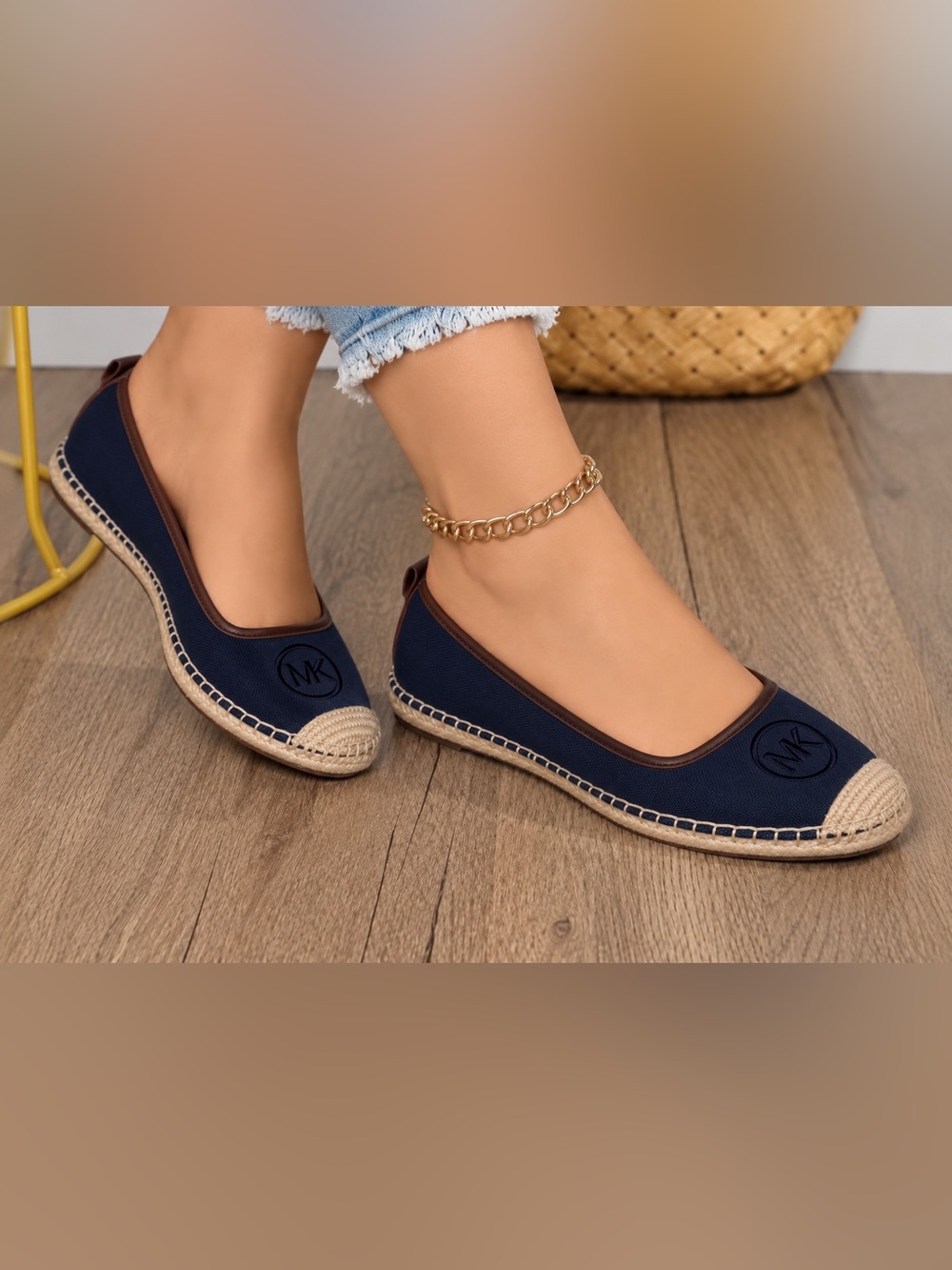 Michael Kors Keli Flat Espadrilles in Navy Blue Canvas with Brown Edge